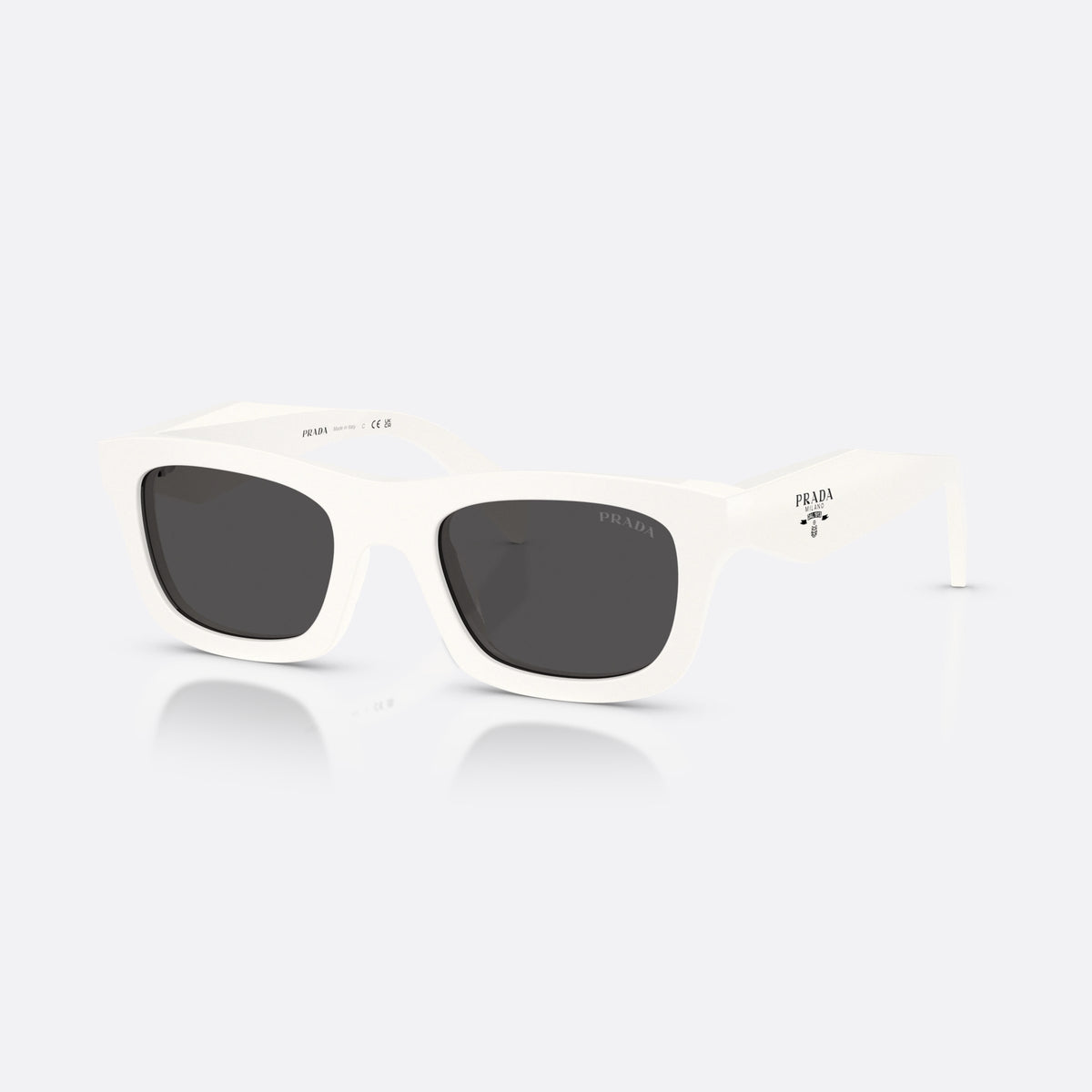 Prada PR C06S 17K08Z sunglasses, white pillow frame for women, plain bridge, integrated into frame, wide tapered temples