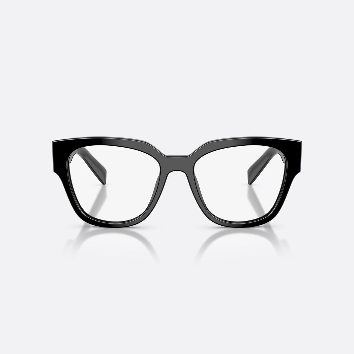 Prada PR C06V 16K1O1 eyeglasses, black oval frame for women, plain integrated bridge, brand lettering on temples, front view