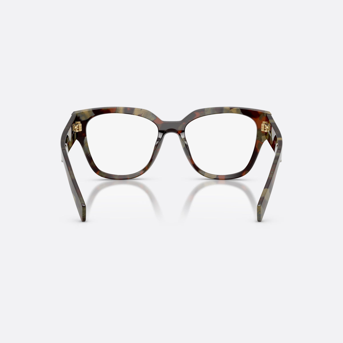 Rame ochelari de vedere Prada PR C06V 22F1O1, ovali havana, pentru femei, punte integrată simplă, literele brandului pe brațe, vedere din spate