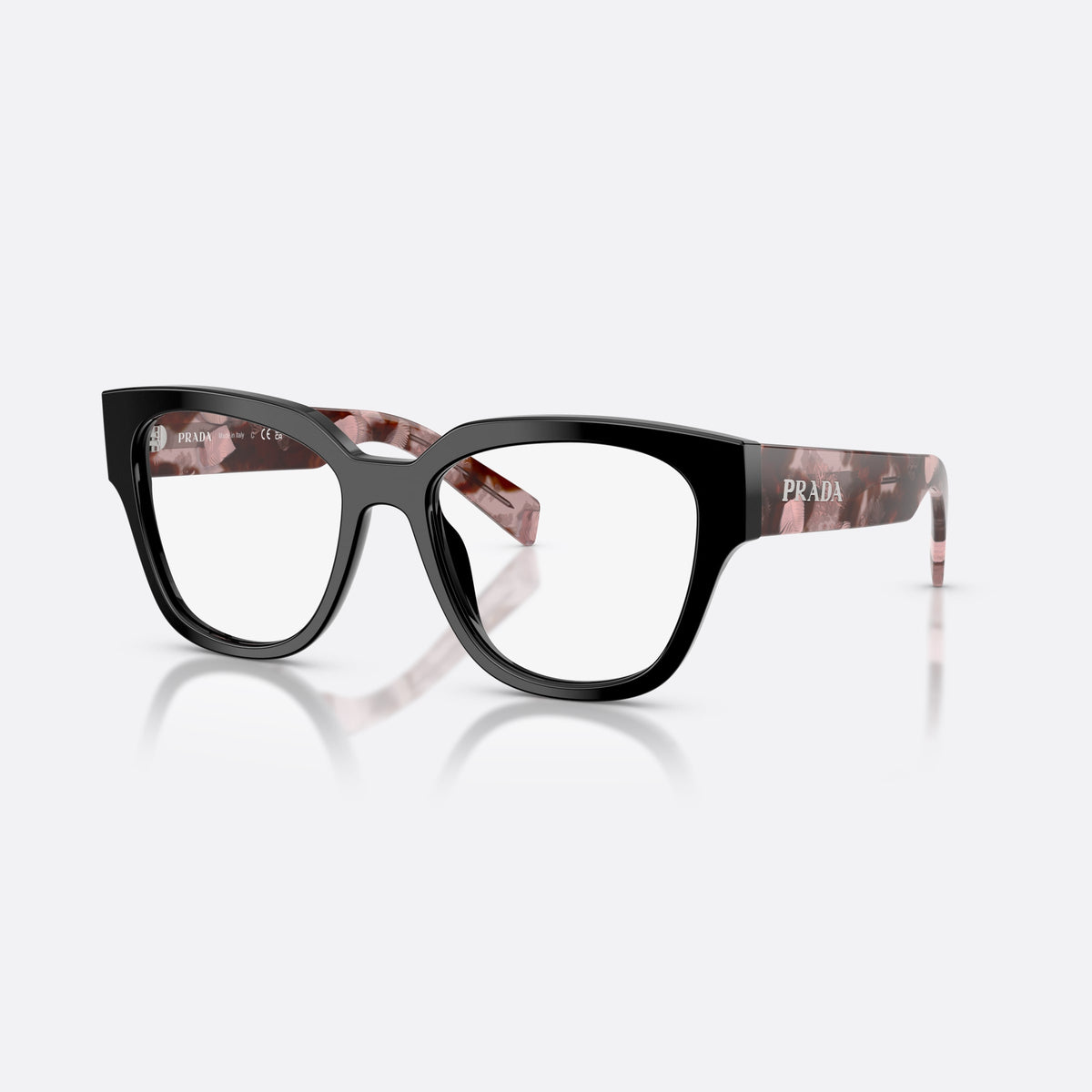 Prada PR C06V 28F1O1 eyeglasses, black oval frame for women, plain saddle bridge, brand lettering on the temples