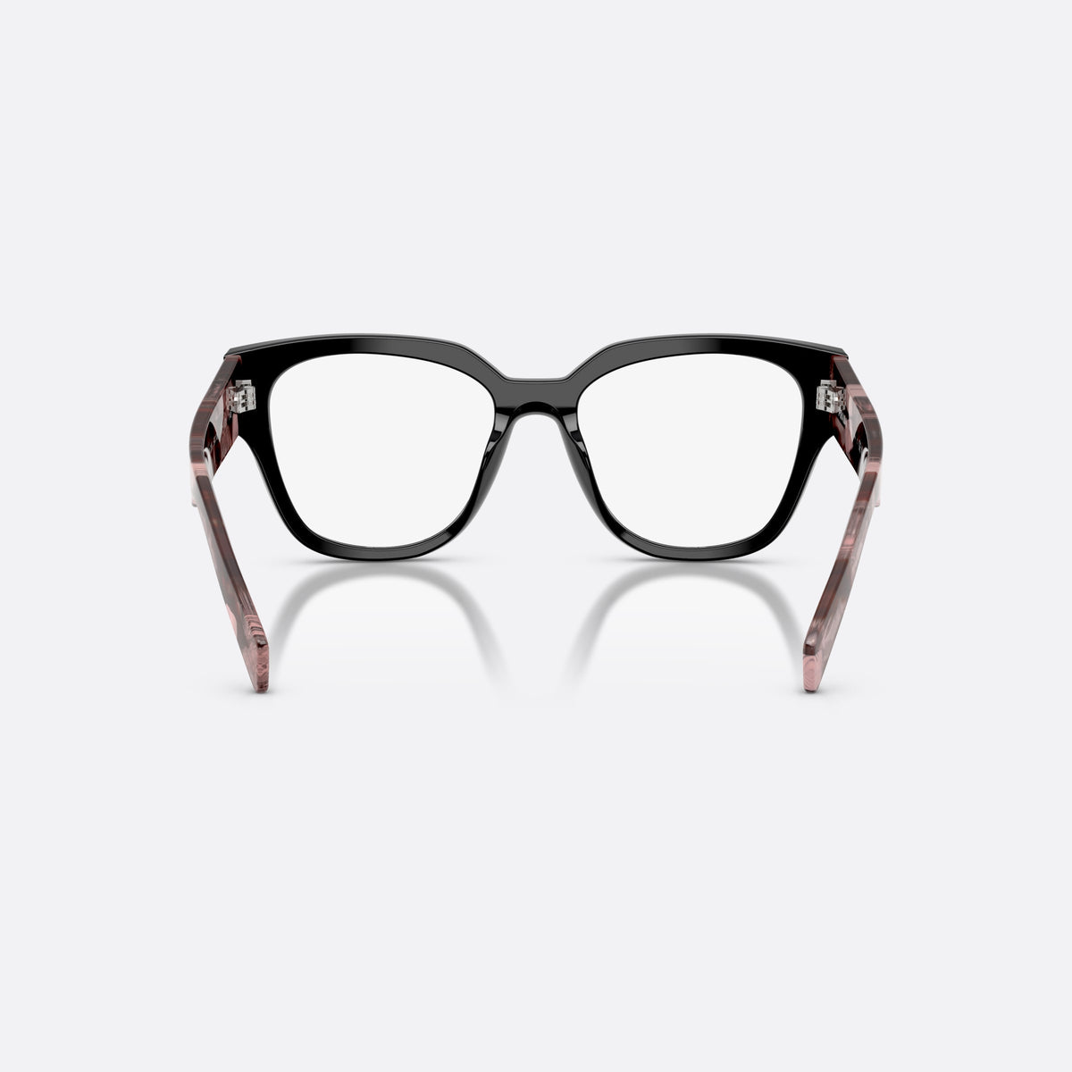 Prada PR C06V 28F1O1 eyeglasses, black oval frame for women, plain saddle bridge, brand lettering on temples, back view