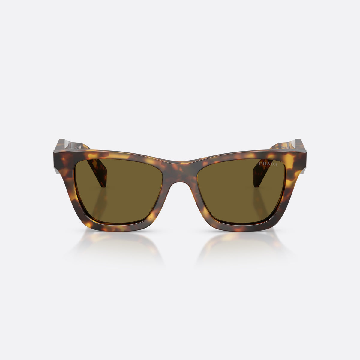 Prada PR C07S 14L09Z sunglasses, havana butterfly frame for women, plain bridge with wide arch, brand lettering on temples, front view