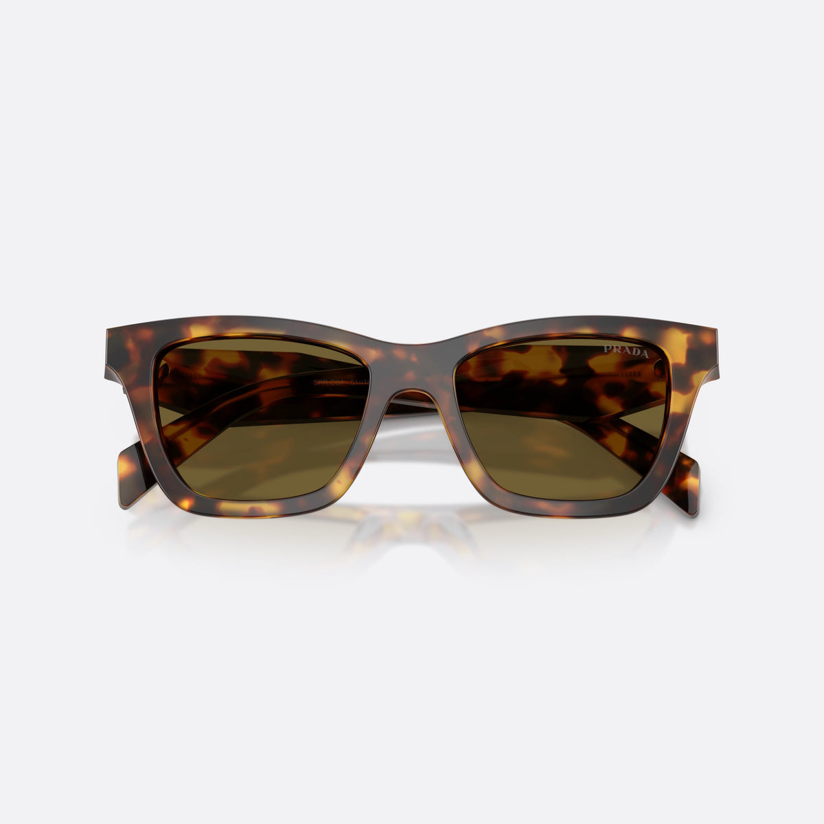 Prada PR C07S 14L09Z sunglasses, havana butterfly frame for women, plain bridge with wide arch, brand lettering on temples, folded
