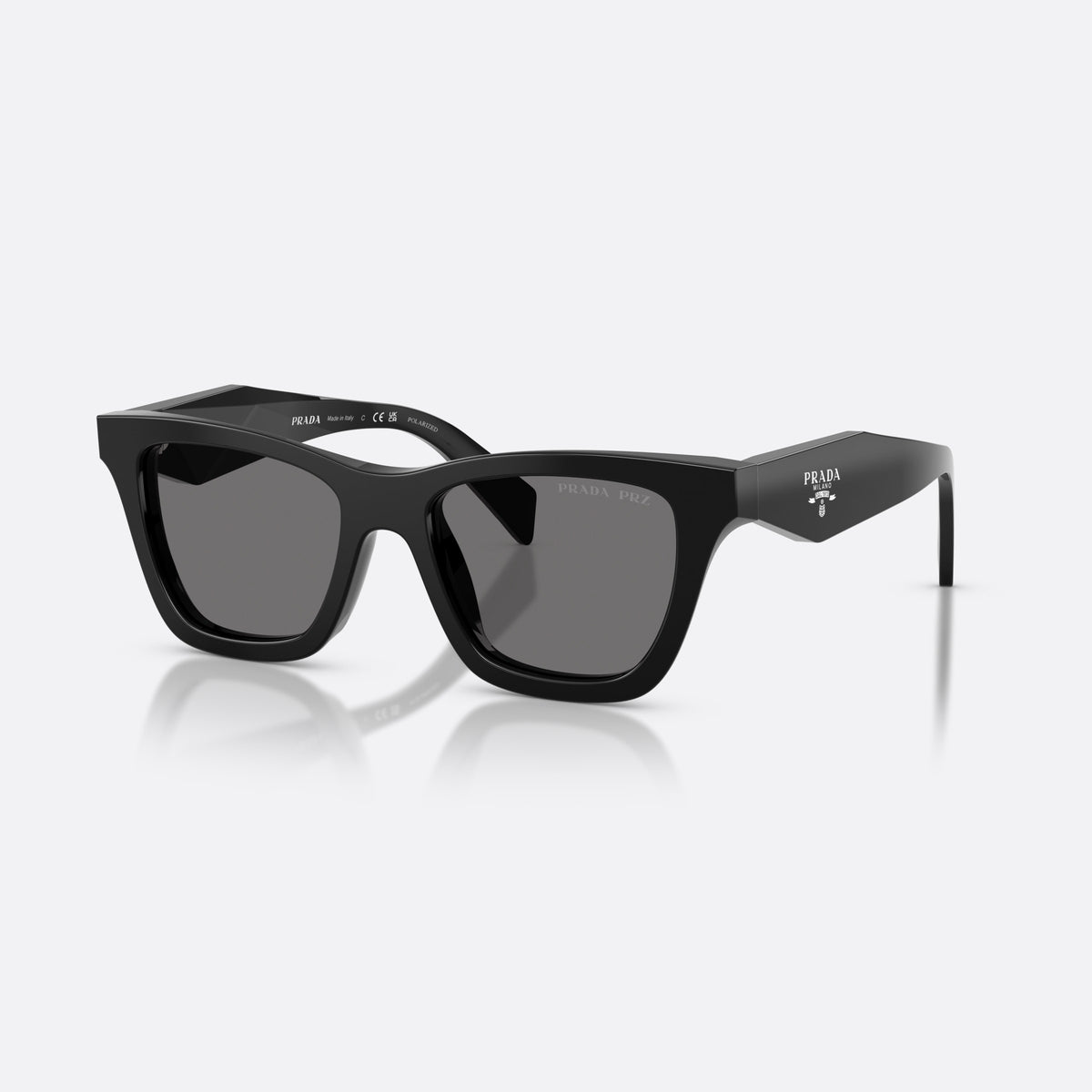 Prada PR C07S 16K90T sunglasses, black butterfly frame for women, plain integrated bridge, brand lettering on temples