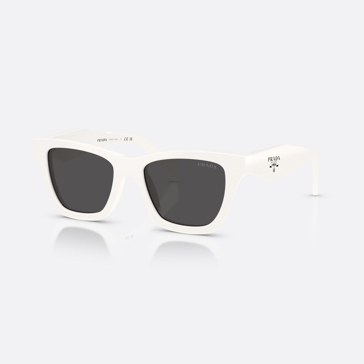 Prada PR C07S 17K08Z sunglasses, white butterfly frame for women, plain bridge, brand lettering on temples, full-rim frame