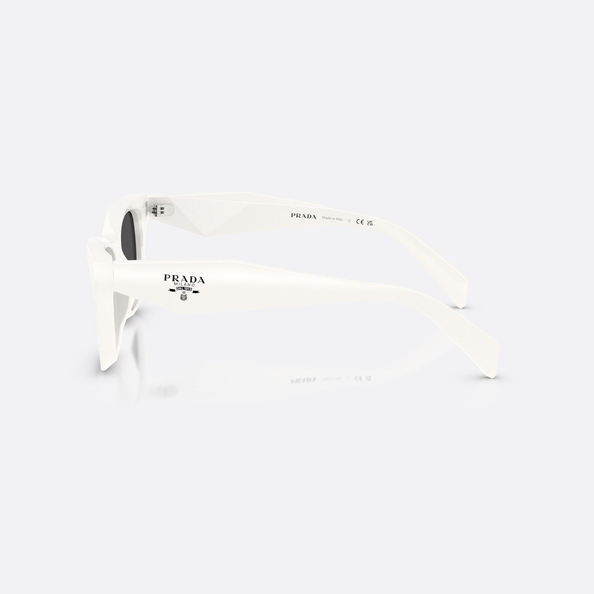 Prada PR C07S 17K08Z sunglasses, white butterfly frame for women, plain bridge, brand lettering on temples, full-rim frame, side view