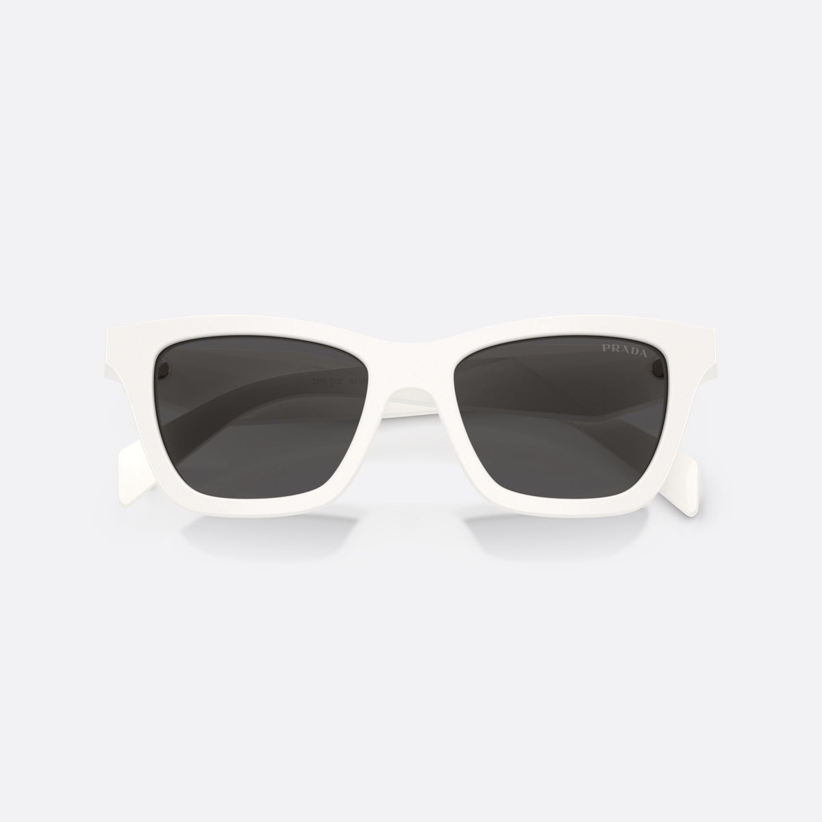 Prada PR C07S 17K08Z sunglasses, white butterfly frame for women, plain bridge, brand lettering on temples, full-rim frame, folded