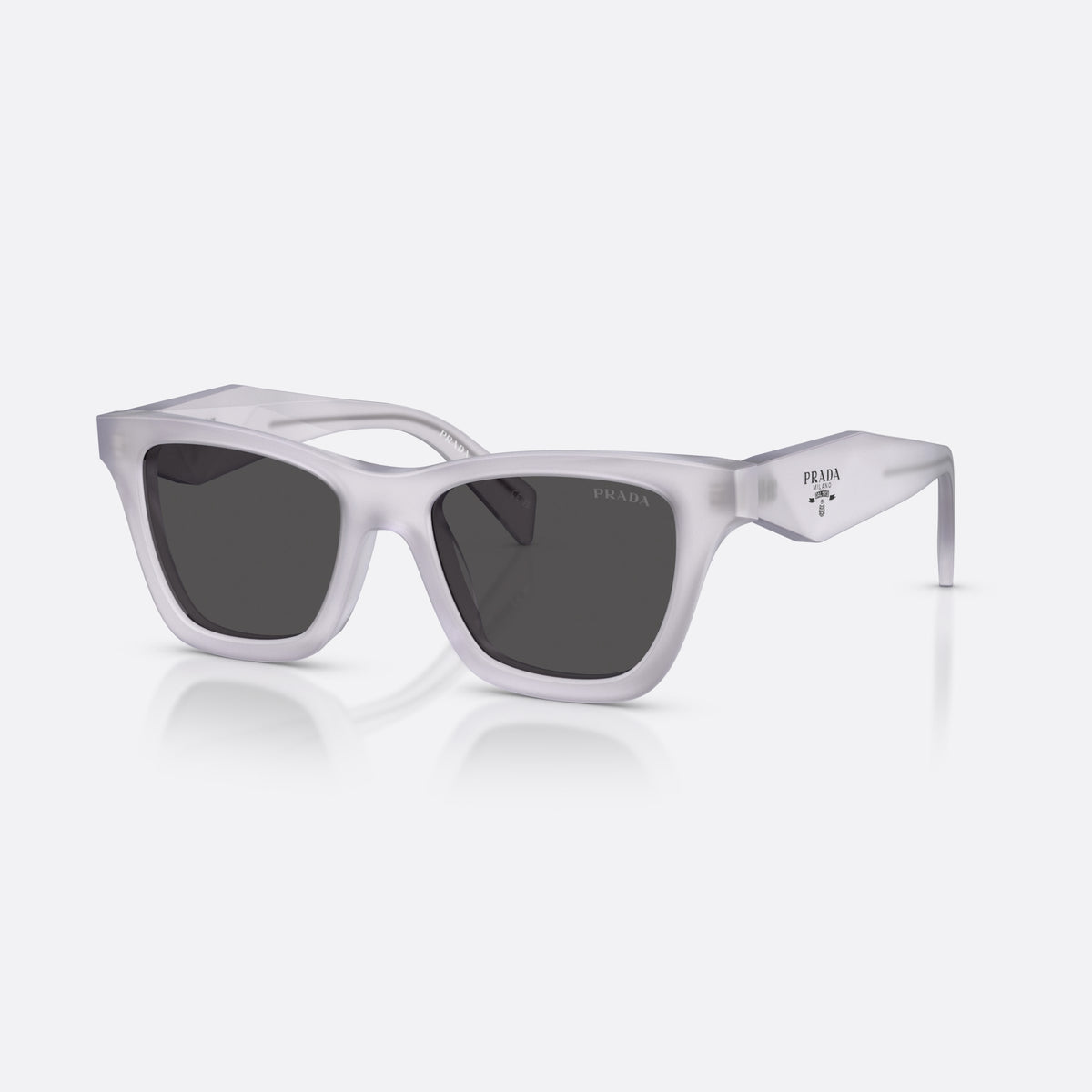 Prada PR C07S 22G08Z sunglasses, clear butterfly frame for women, plain bridge, brand lettering on the temples, full-rim frame