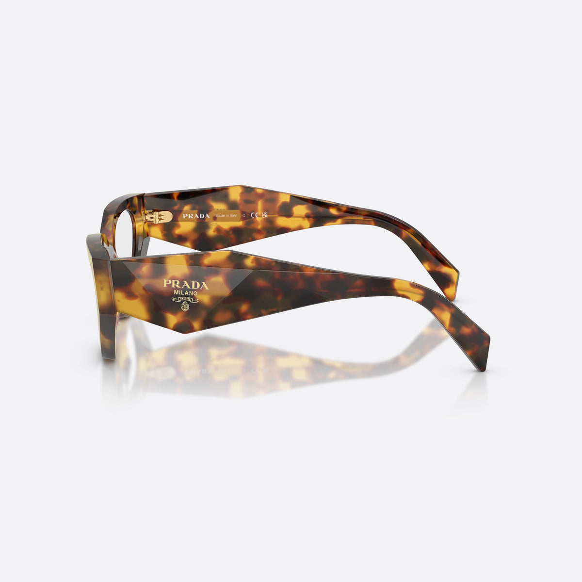 Rame ochelari de vedere Prada PR C07V 14L1O1, neregulat havana, pentru femei, punte simplă, literele brandului pe brațe, ramă completă, vedere laterală