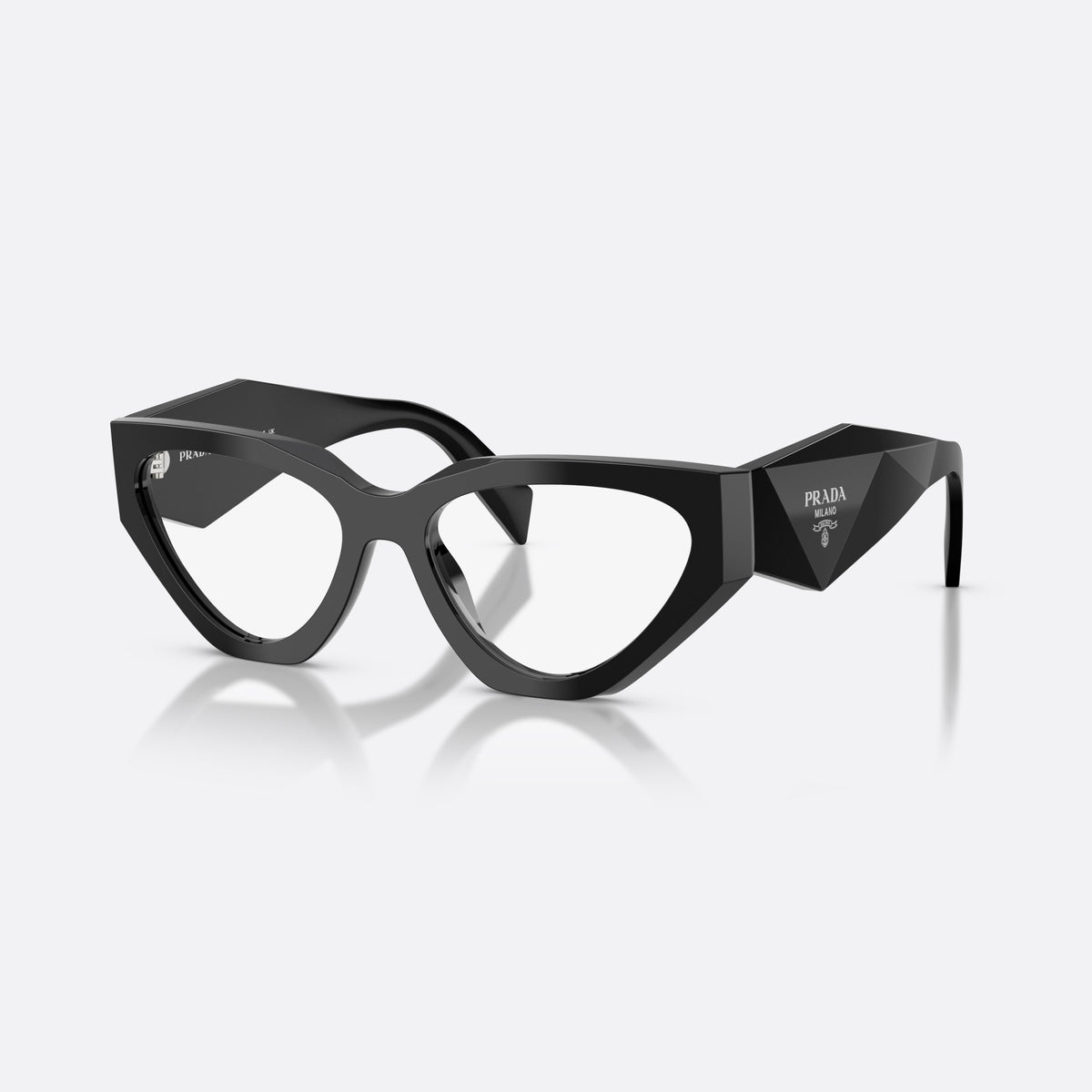 Prada PR C07V 16K1O1 eyeglasses, black irregular frame for women, plain integrated bridge, brand logo plaque on temple