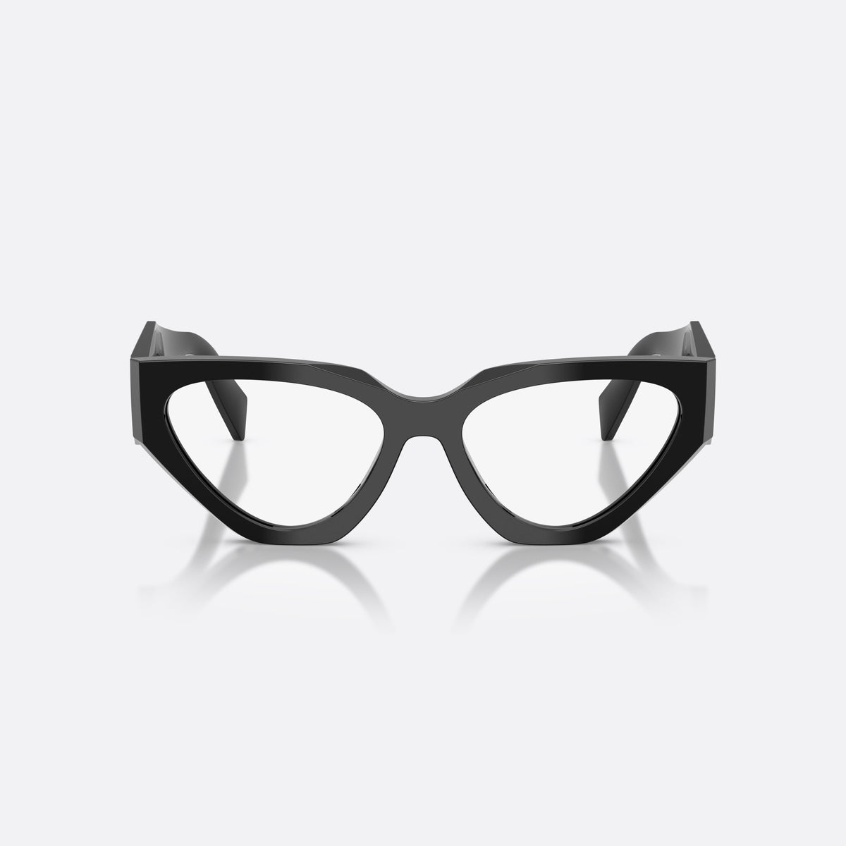 Prada PR C07V 16K1O1 eyeglasses, black irregular frame for women, plain integrated bridge, brand logo plaque on temple, front view