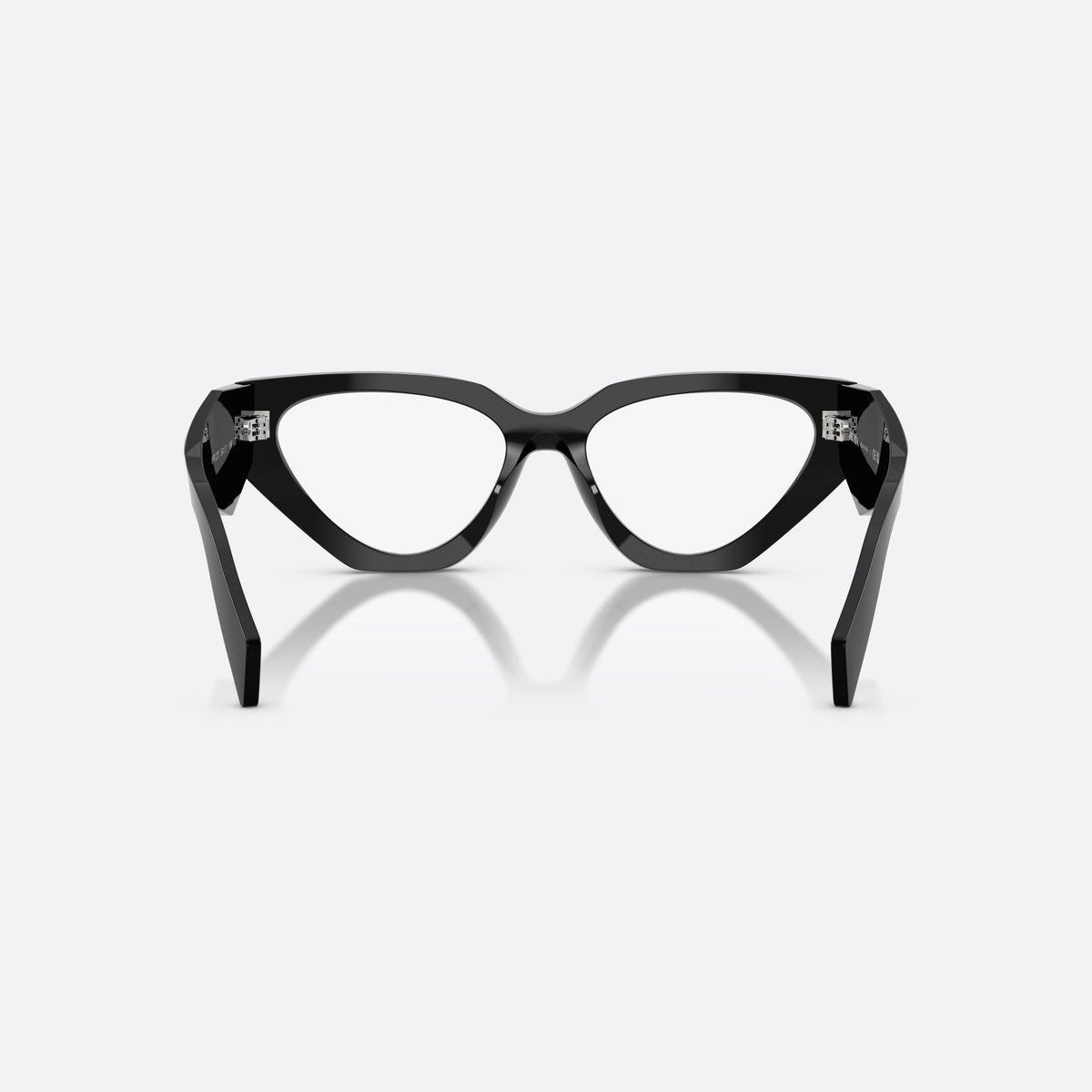 Prada PR C07V 16K1O1 eyeglasses, black irregular frame for women, plain integrated bridge, brand logo plaque on temple, back view