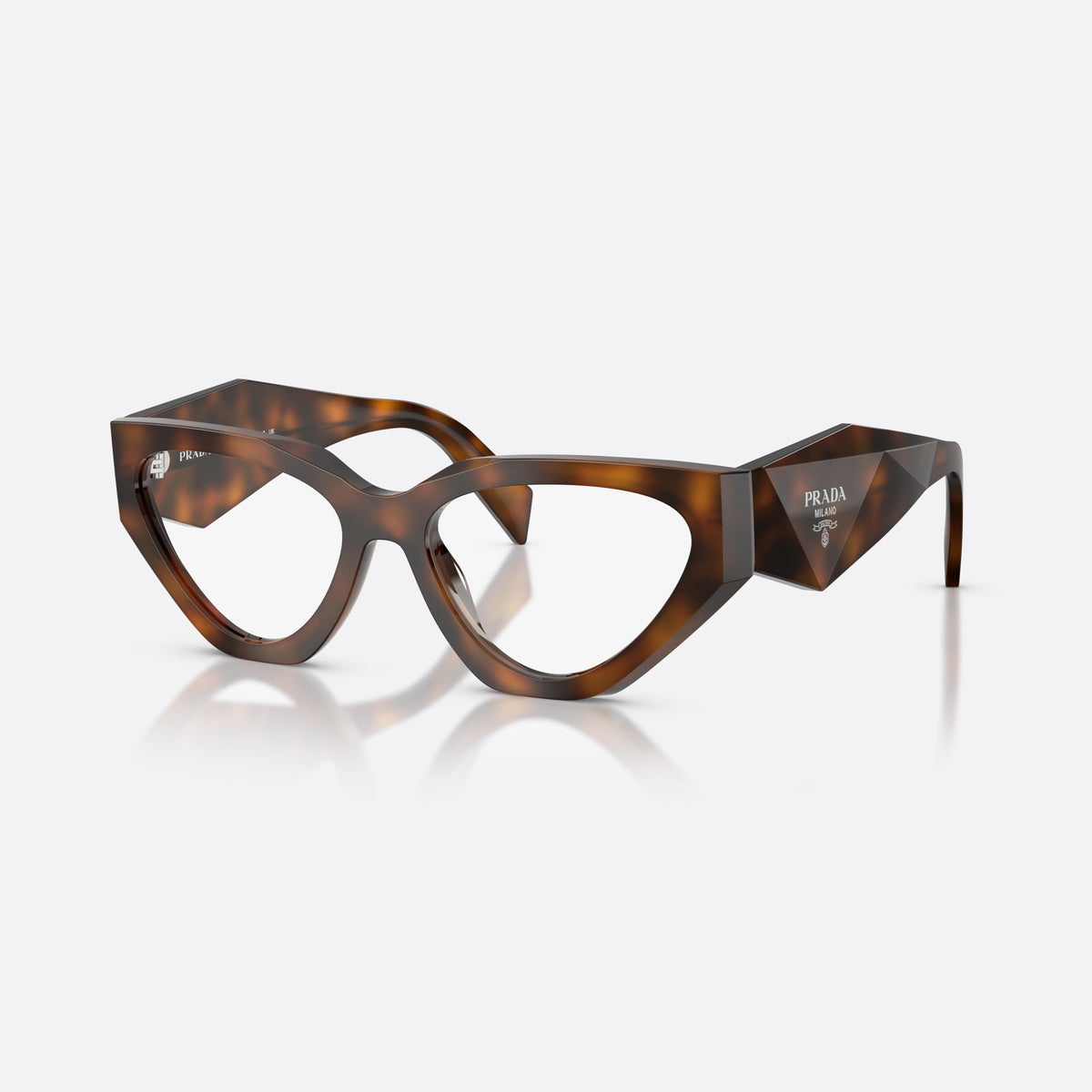 Prada PR C07V 20D1O1 eyeglasses, havana irregular frame for women, plain bridge, brand logo plaque on temple