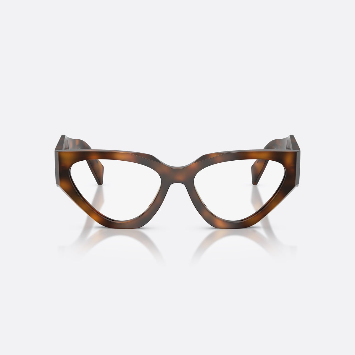 Prada PR C07V 20D1O1 eyeglasses, havana irregular frame for women, plain bridge, brand logo plaque on temple, front view