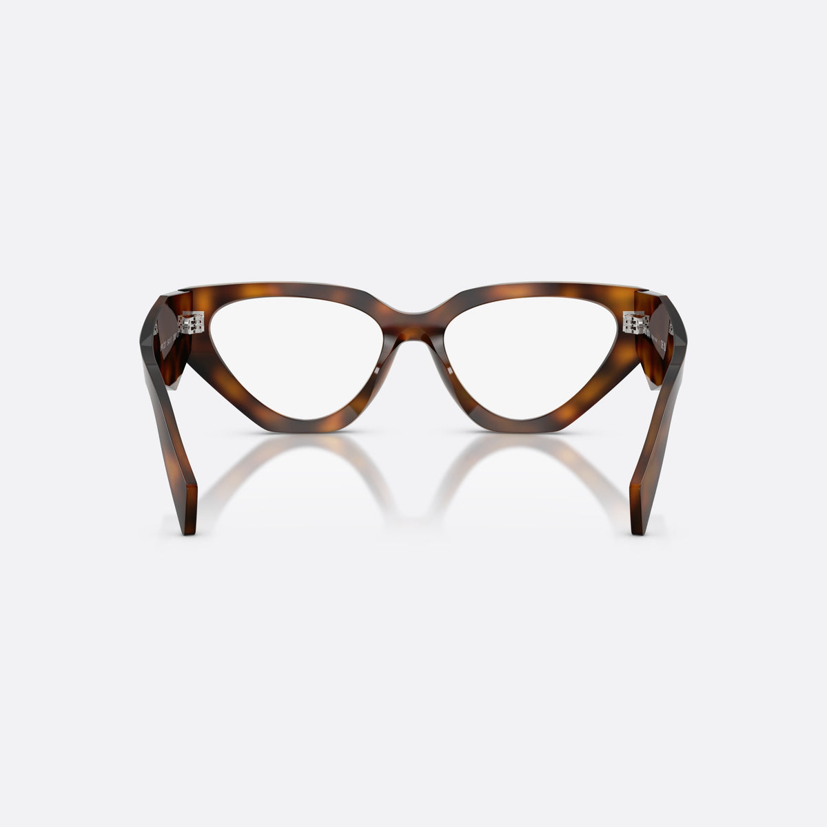 Prada PR C07V 20D1O1 eyeglasses, havana irregular frame for women, plain bridge, brand logo plaque on temple, back view