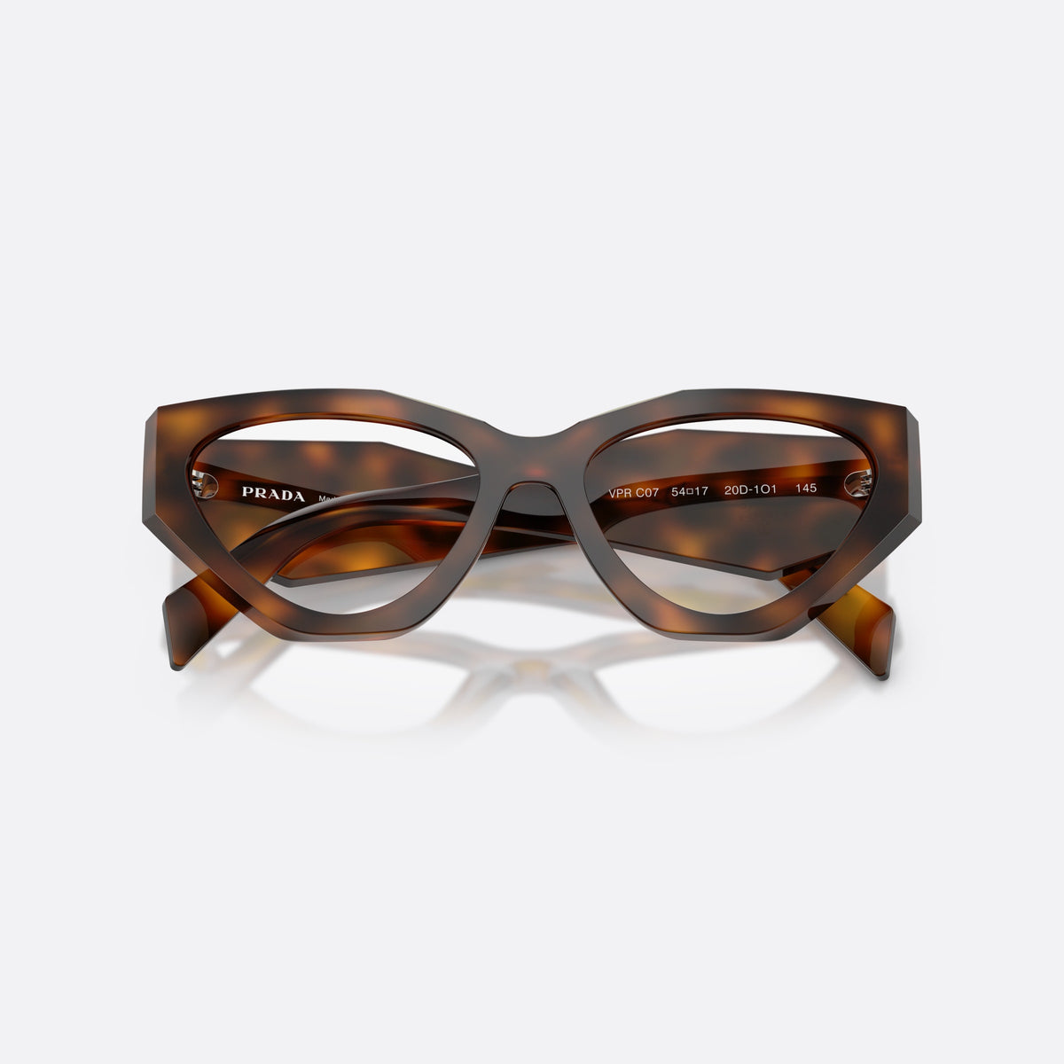 Prada PR C07V 20D1O1 eyeglasses, havana irregular frame for women, plain bridge, brand logo plaque on temple, folded