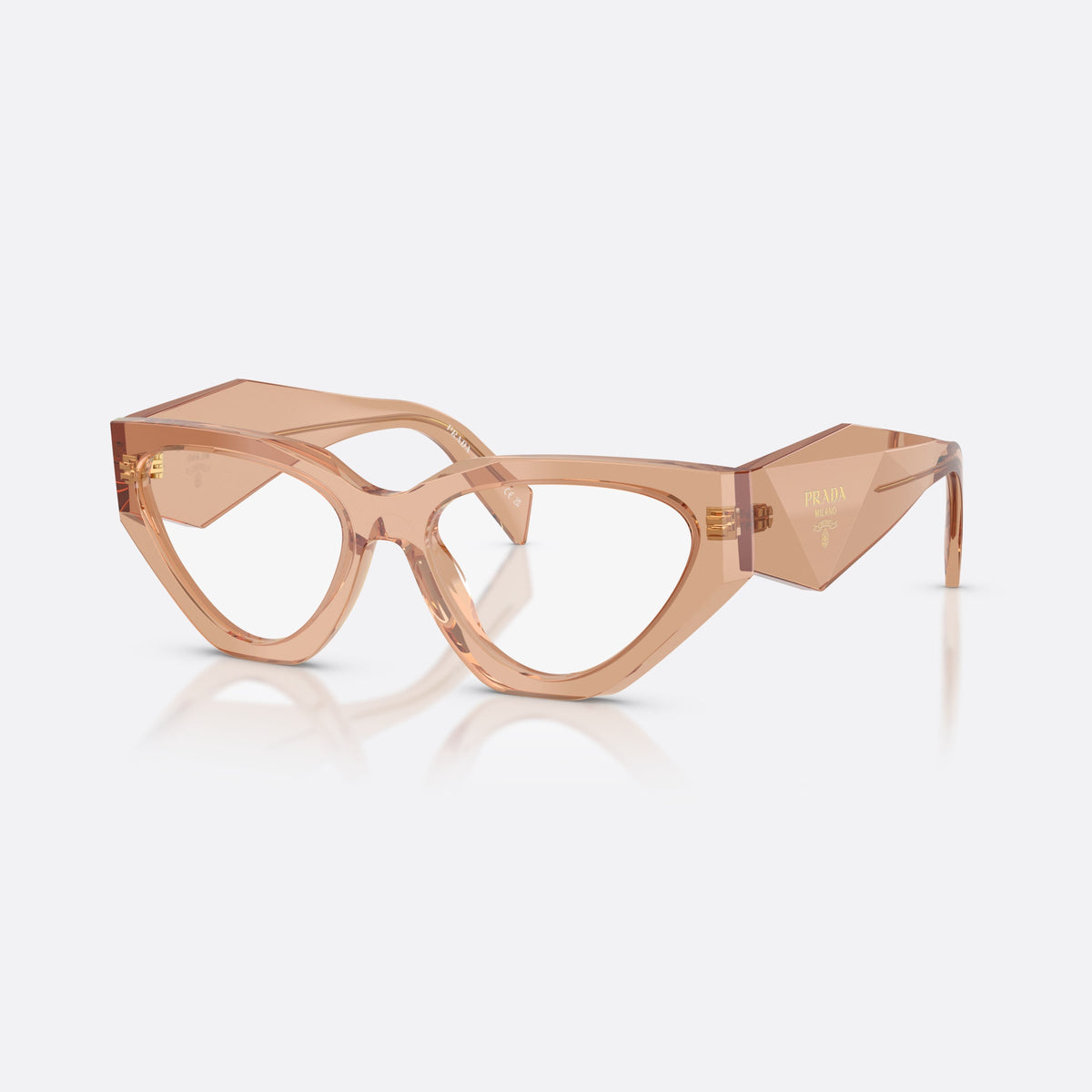 Prada PR C07V 20H1O1 eyeglasses, brown irregular frame for women, integrated bridge with notch, brand lettering on temples
