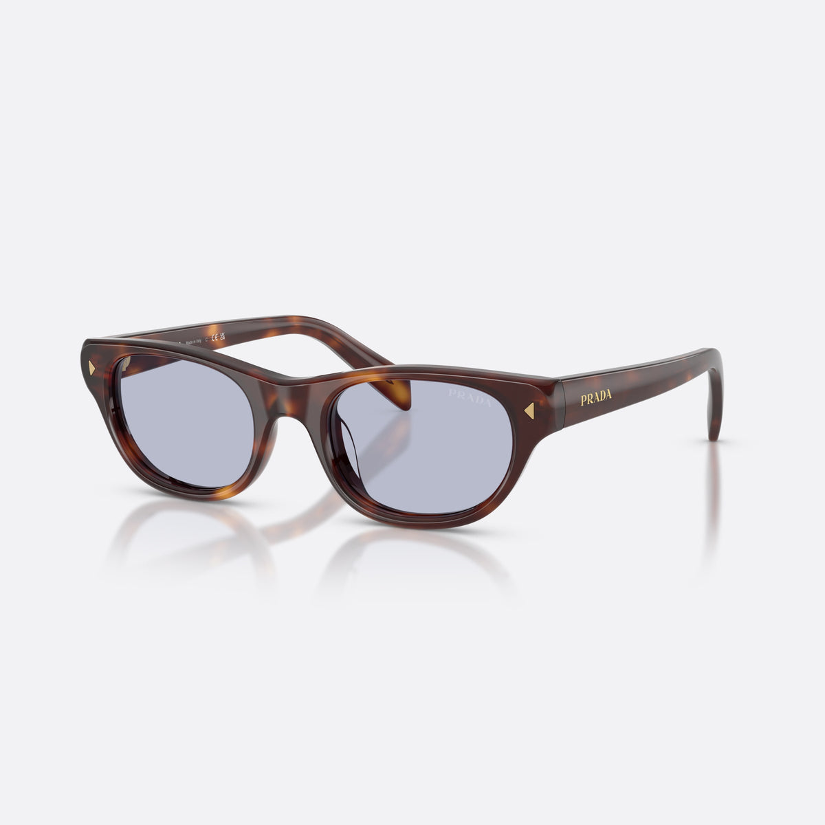 Prada PR C08S 15W30X sunglasses, havana cat eye frame for women, plain bridge, brand lettering on temples