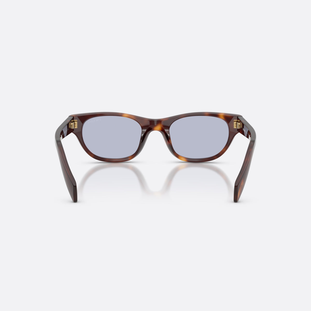 Prada PR C08S 15W30X sunglasses, havana cat eye frame for women, plain bridge, brand lettering on temples, back view