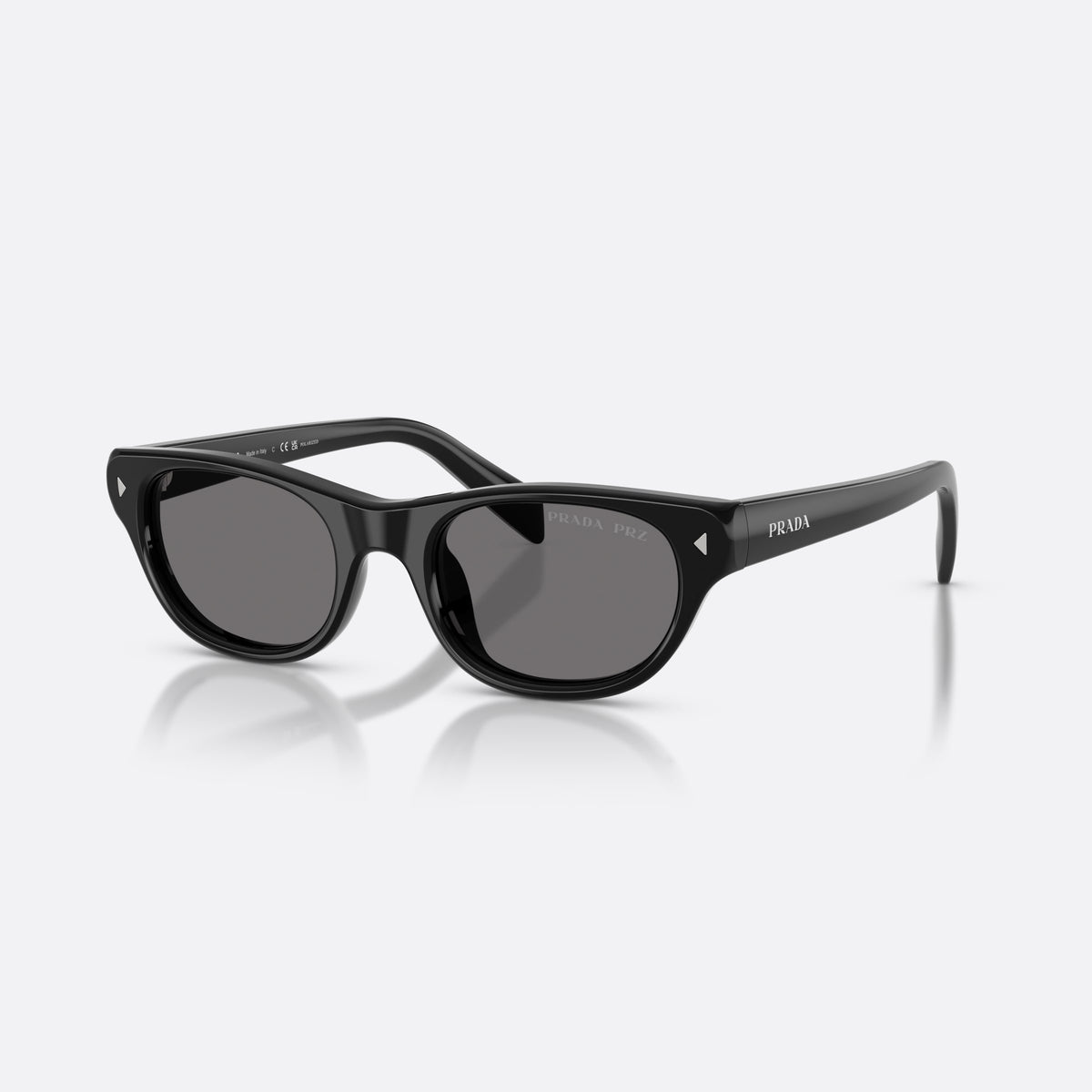 Prada PR C08S 16K90T sunglasses, black cat eye frame for women, keyhole bridge, brand lettering on temples, full-rim frame