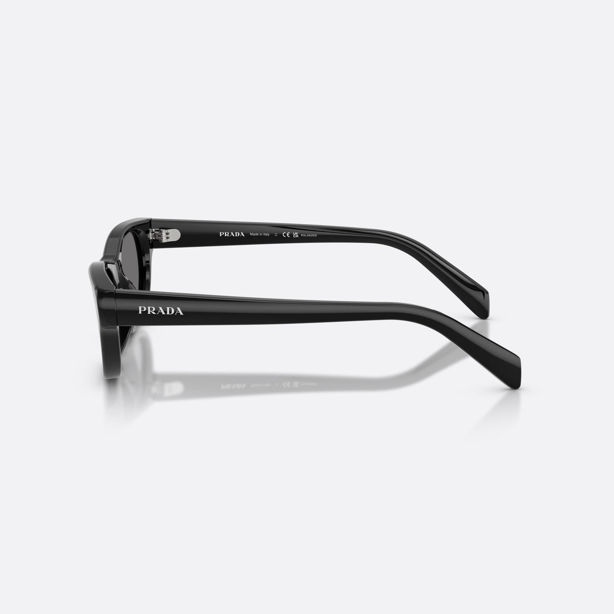 Prada PR C08S 16K90T sunglasses, black cat eye frame for women, keyhole bridge, brand lettering on temples, full-rim frame, side view