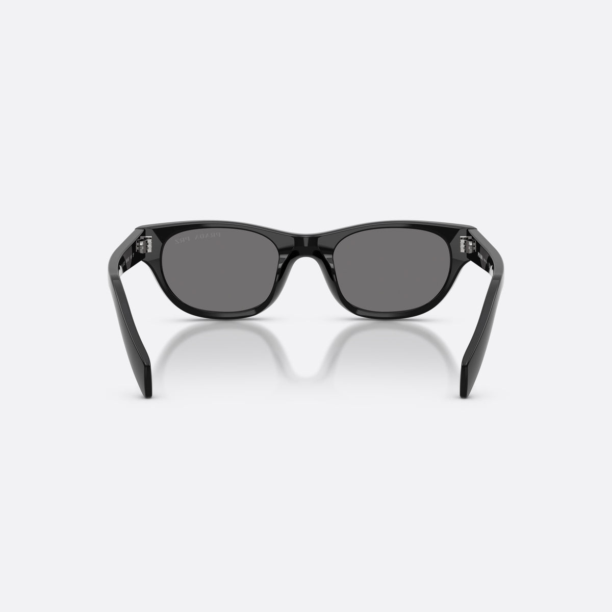 Prada PR C08S 16K90T sunglasses, black cat eye frame for women, keyhole bridge, brand lettering on temples, full-rim frame, back view