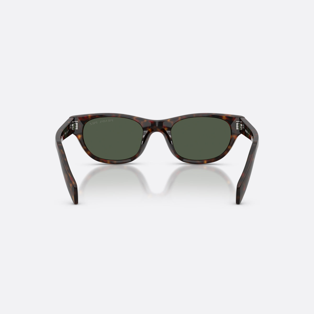 Prada PR C08S 17N90V sunglasses, havana cat eye frame for women, plain bridge, brand lettering on temples, full-rim frame, back view