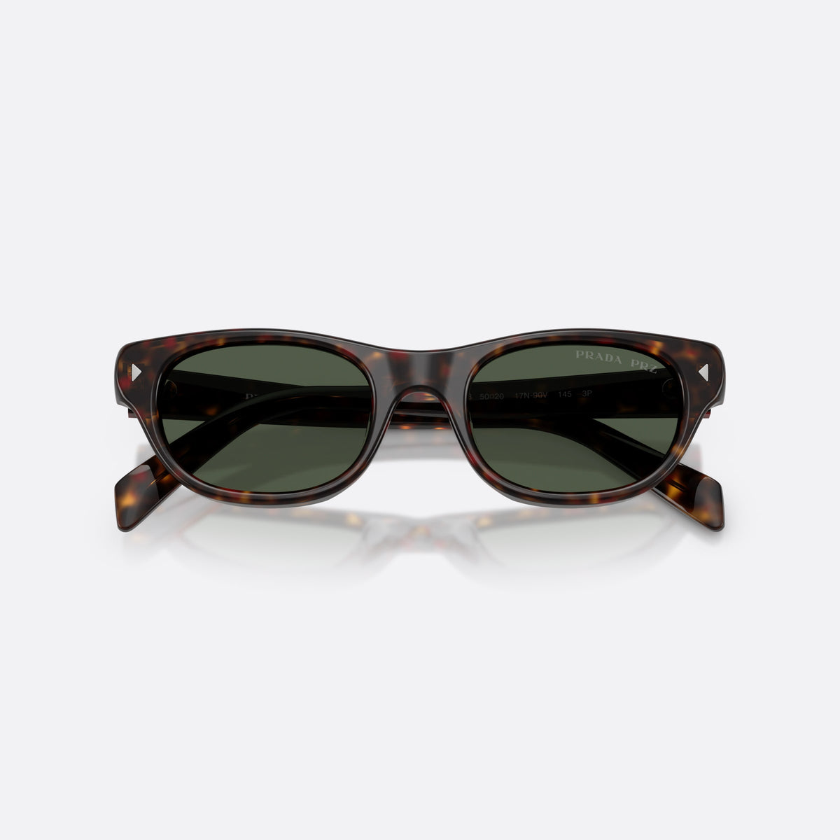 Prada PR C08S 17N90V sunglasses, havana cat eye frame for women, plain bridge, brand lettering on temples, full-rim frame, folded