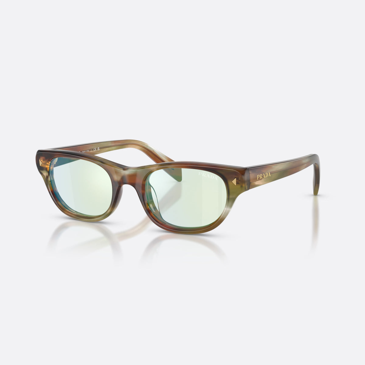 Prada PR C08S 27J20X sunglasses, brown cat eye frame for women, plain bridge, brand lettering on temples, full-rim frame