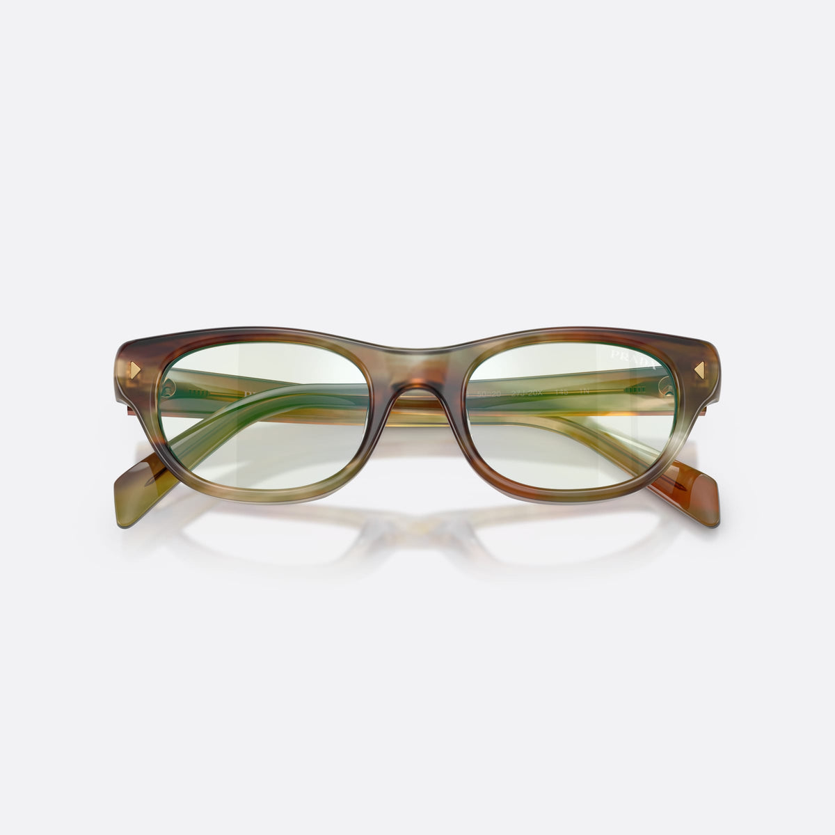 Prada PR C08S 27J20X sunglasses, brown cat eye frame for women, plain bridge, brand lettering on temples, full-rim frame, folded