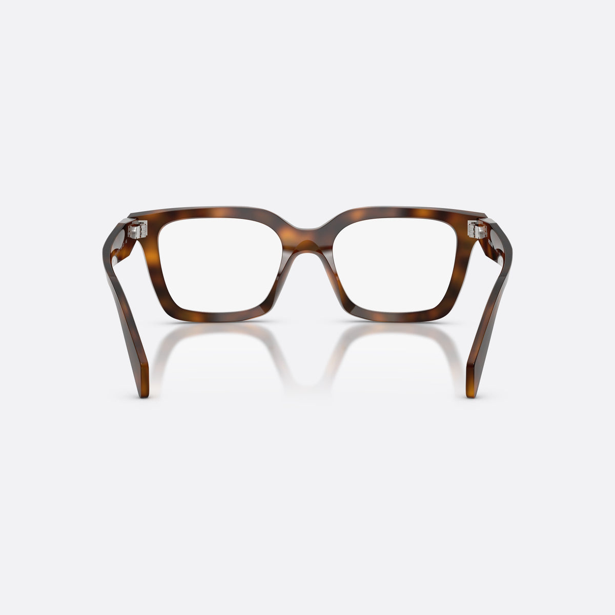 Prada PR C08V 20D1O1 eyeglasses, havana irregular frame for women, plain saddle bridge, brand logo plaque on temple, back view