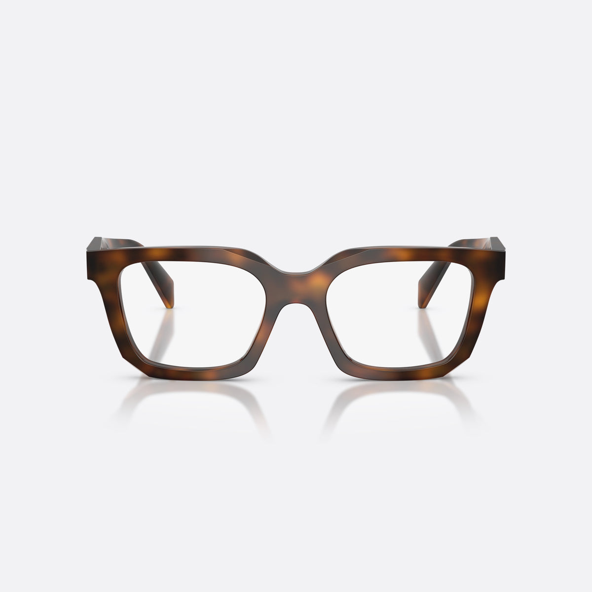 Prada PR C08V 20D1O1 eyeglasses, havana irregular frame for women, plain saddle style bridge, brand logo plaque on temple, front view