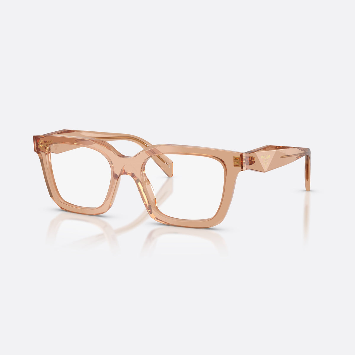 Prada PR C08V 20H1O1 eyeglasses, brown irregular frame for women, keyhole bridge, brand logo on temples, full-rim frame