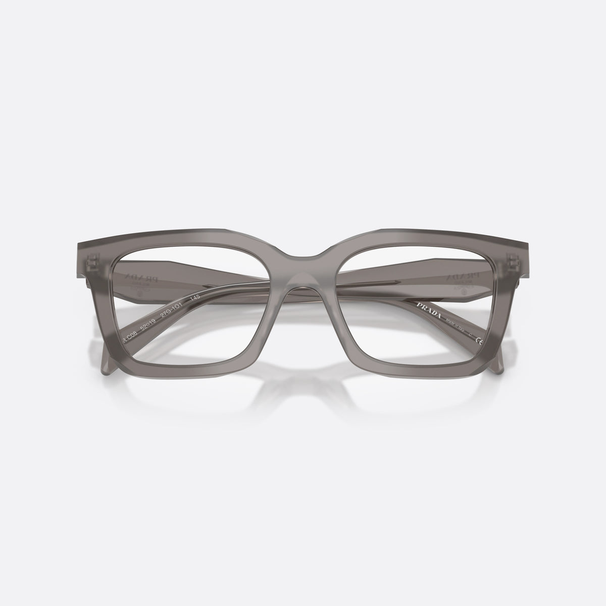 Prada PR C08V 27G1O1 eyeglasses, grey irregular frame for women, plain bridge, integrated frame, flat temples, wide at front, folded