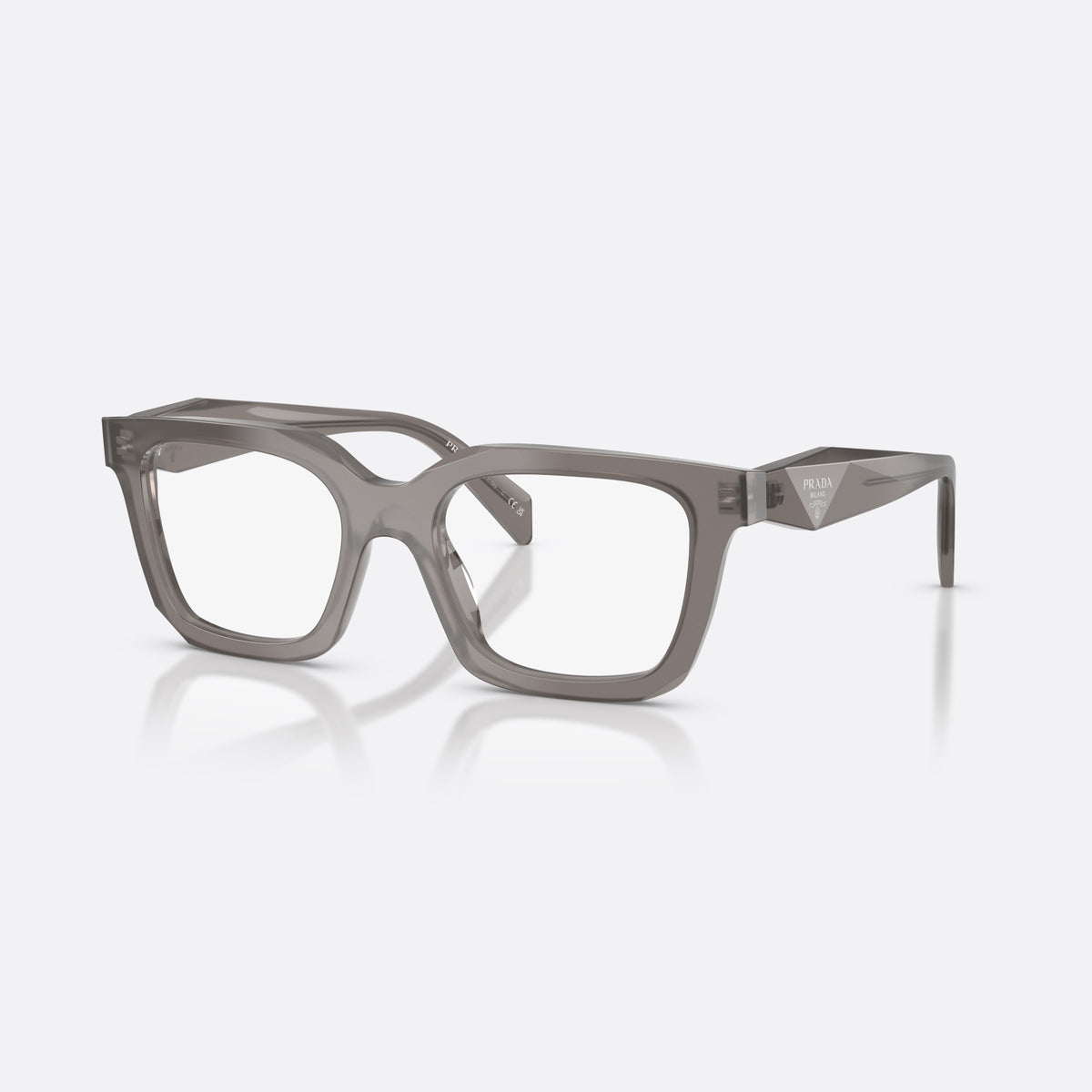 Prada PR C08V 27G1O1 eyeglasses, grey irregular frame for women, plain integrated bridge, brand lettering on temples