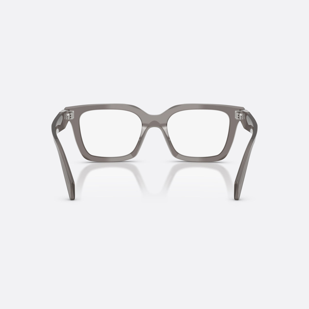 Prada PR C08V 27G1O1 eyeglasses, grey irregular frame for women, plain integrated bridge, brand lettering on temples, back view