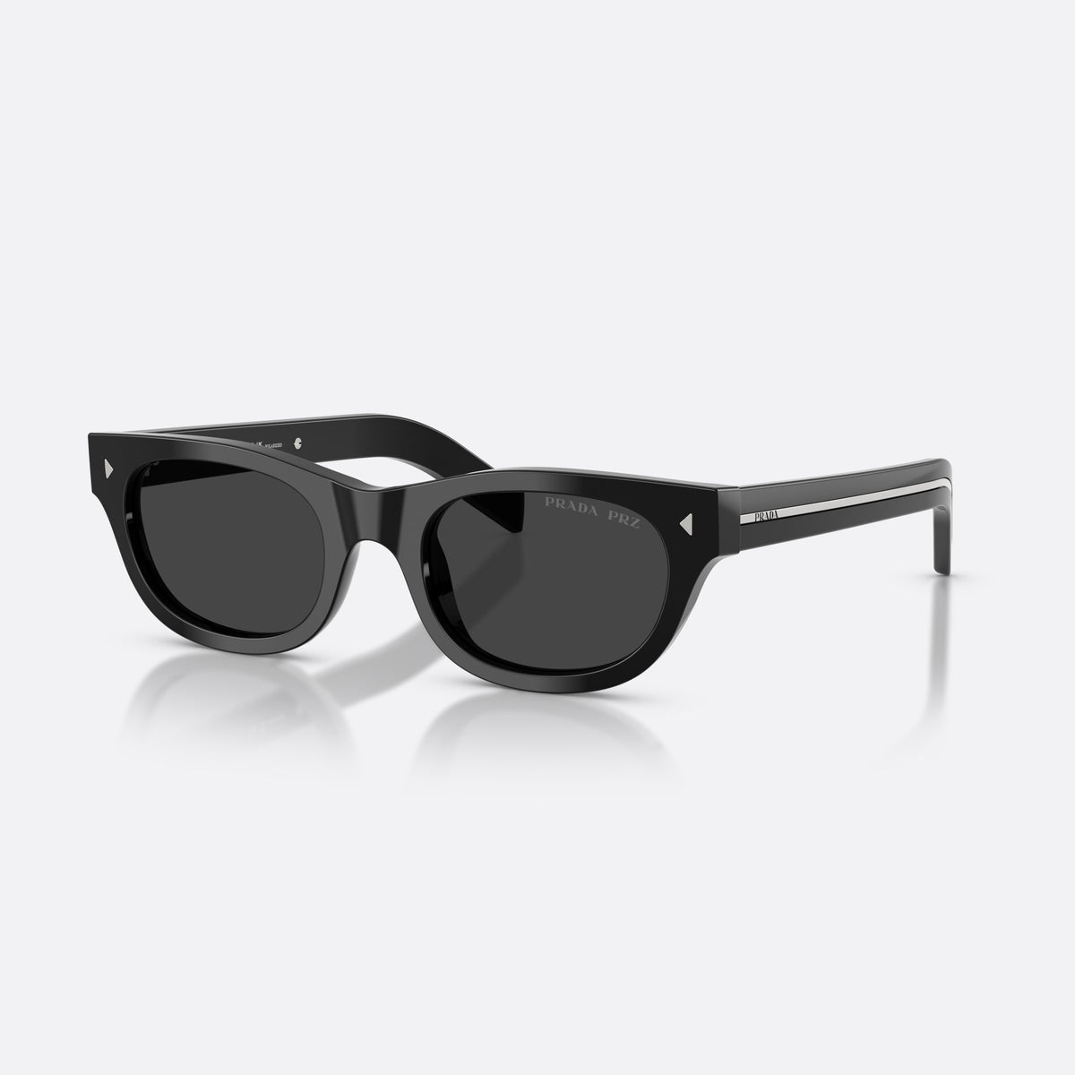 Prada PR C09S 16K08G sunglasses, black cat eye frame for men, keyhole bridge, brand lettering on temples