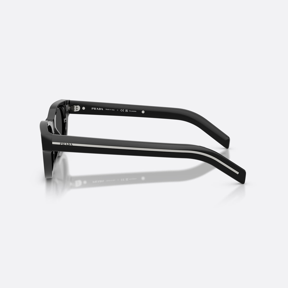 Prada PR C09S 16K08G sunglasses, black cat eye frame for men, keyhole bridge, brand lettering on temples, side view