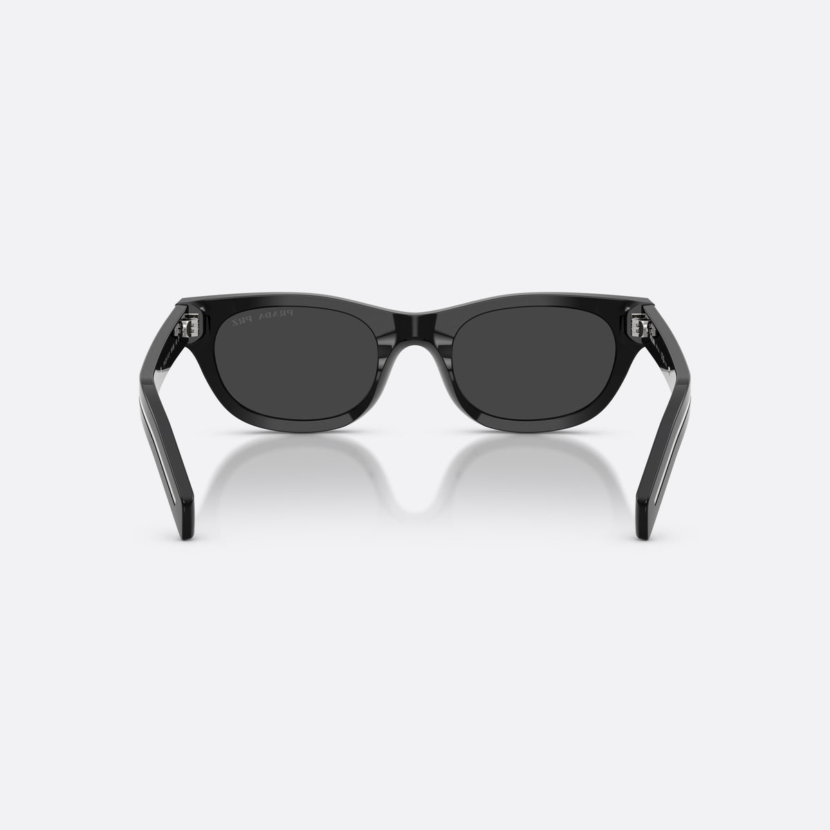 Prada PR C09S 16K08G sunglasses, black cat eye frame for men, keyhole bridge, brand lettering on temples, back view