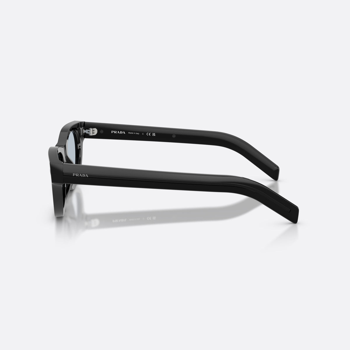 Prada PR C09S 16K30W sunglasses, black cat eye frame for men, keyhole bridge, brand lettering on temple, side view