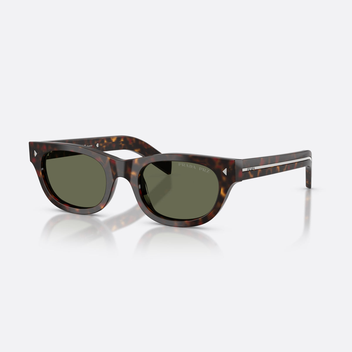 Prada PR C09S 17N03R sunglasses, havana cat eye frame for men, keyhole bridge, brand logo on temple, wide tapered temples