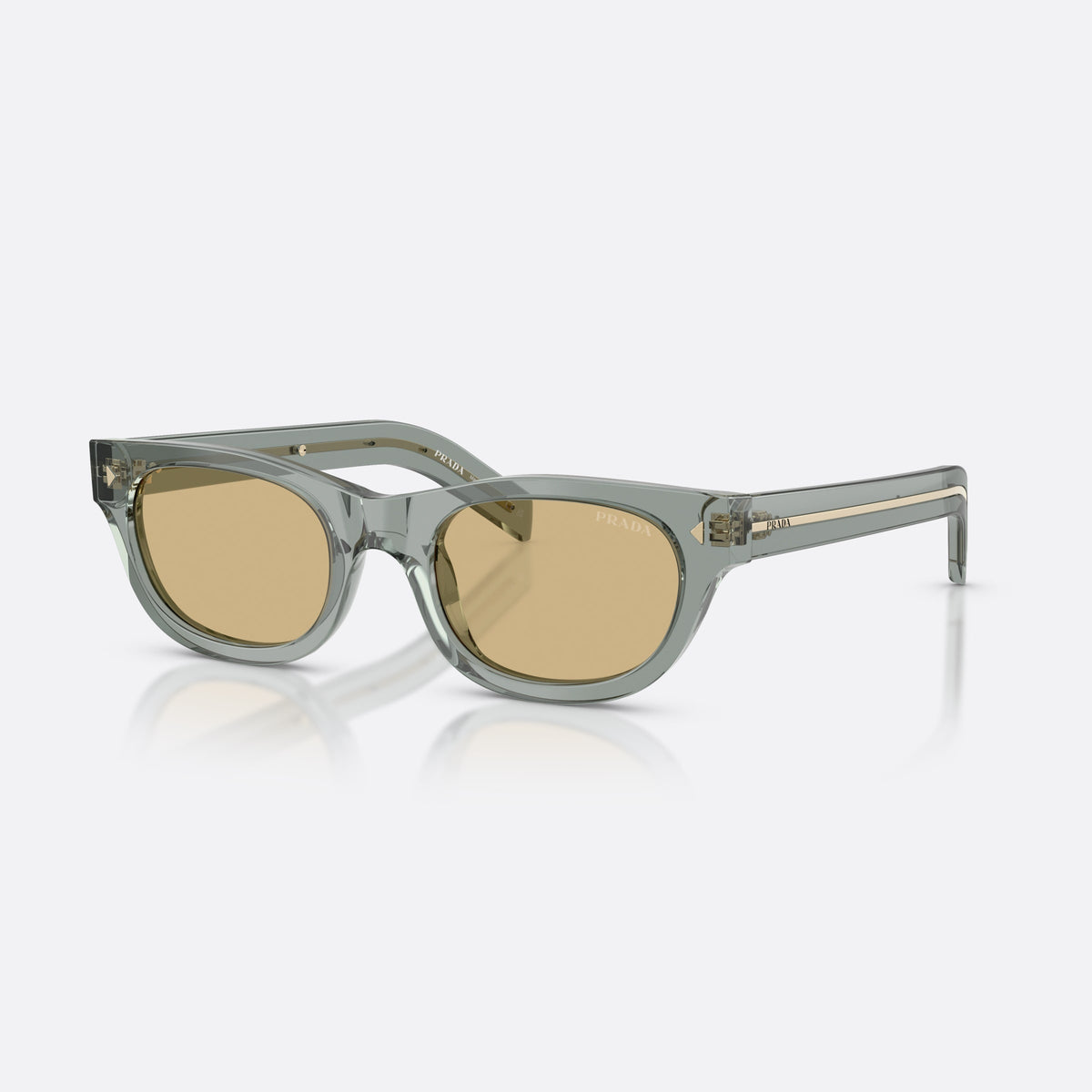 Prada PR C09S 21J70R sunglasses, grey cat eye frame for men, plain bridge, brand lettering on the temples