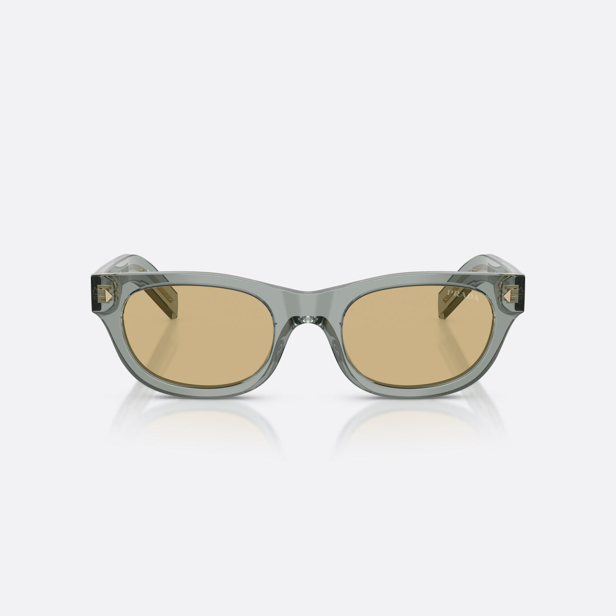 Prada PR C09S 21J70R sunglasses, grey cat eye frame for men, plain bridge, brand lettering on the temples, front view
