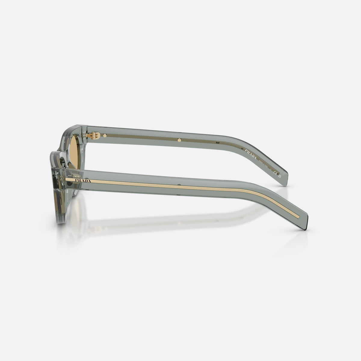 Prada PR C09S 21J70R sunglasses, grey cat eye frame for men, plain bridge, brand lettering on the temples, side view