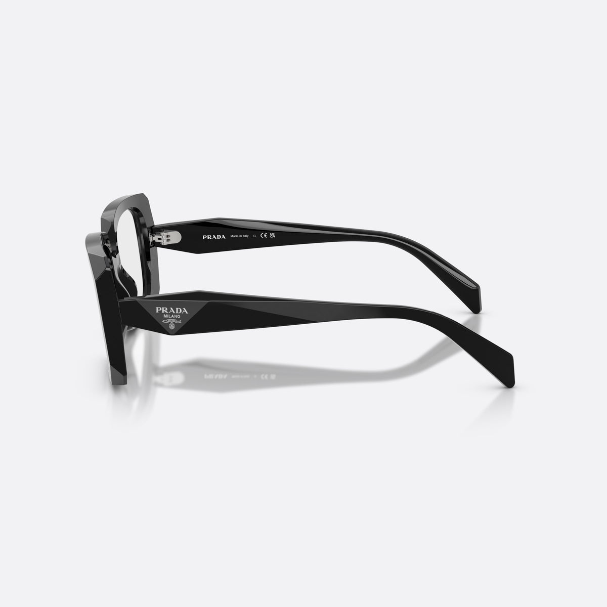 Prada PR C09V 16K1O1 eyeglasses, black pillow frame for women, saddle-like wide bridge, brand lettering on temples, side view