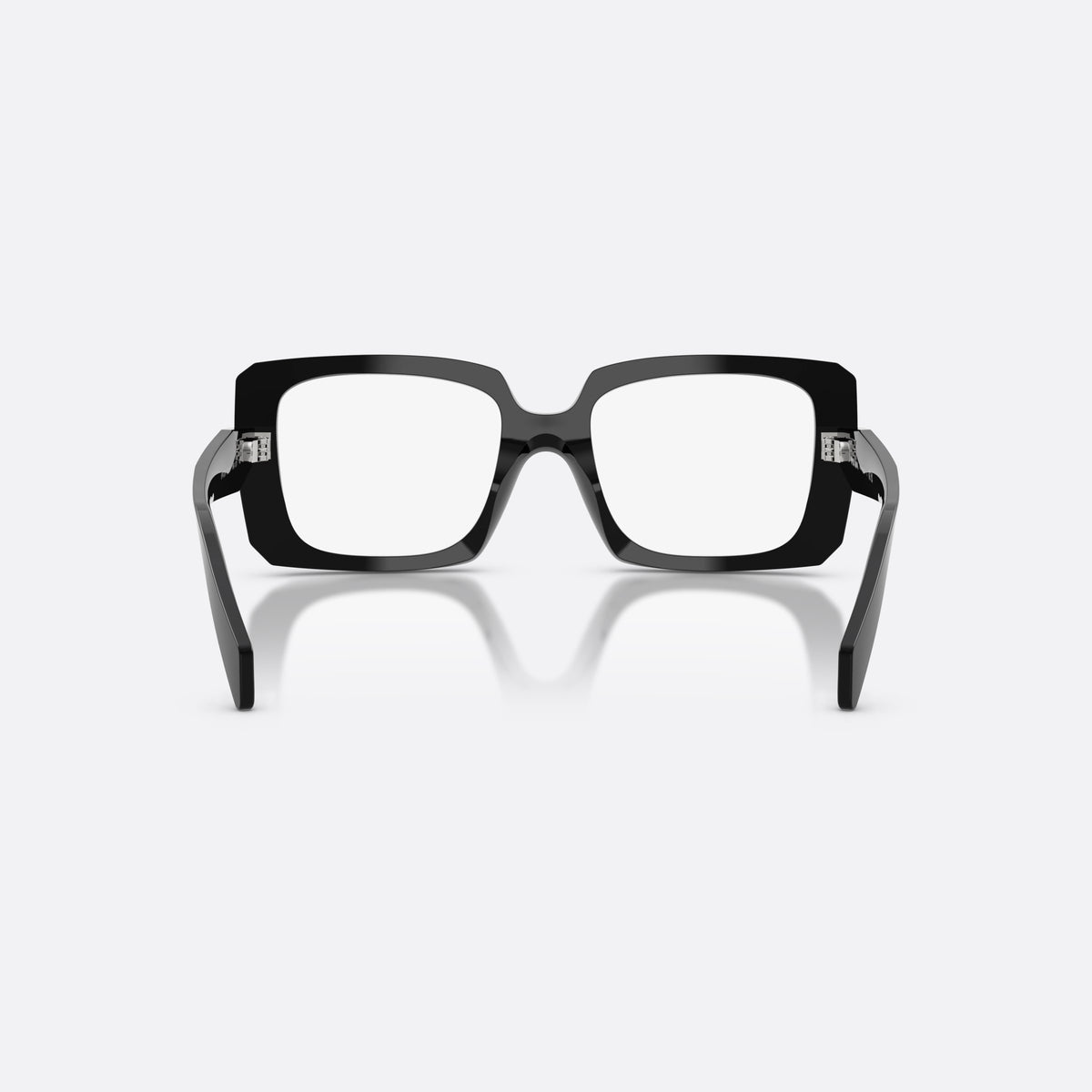 Prada PR C09V 16K1O1 eyeglasses, black pillow frame for women, saddle-shaped bridge, integrated, wide tapered temples, back view