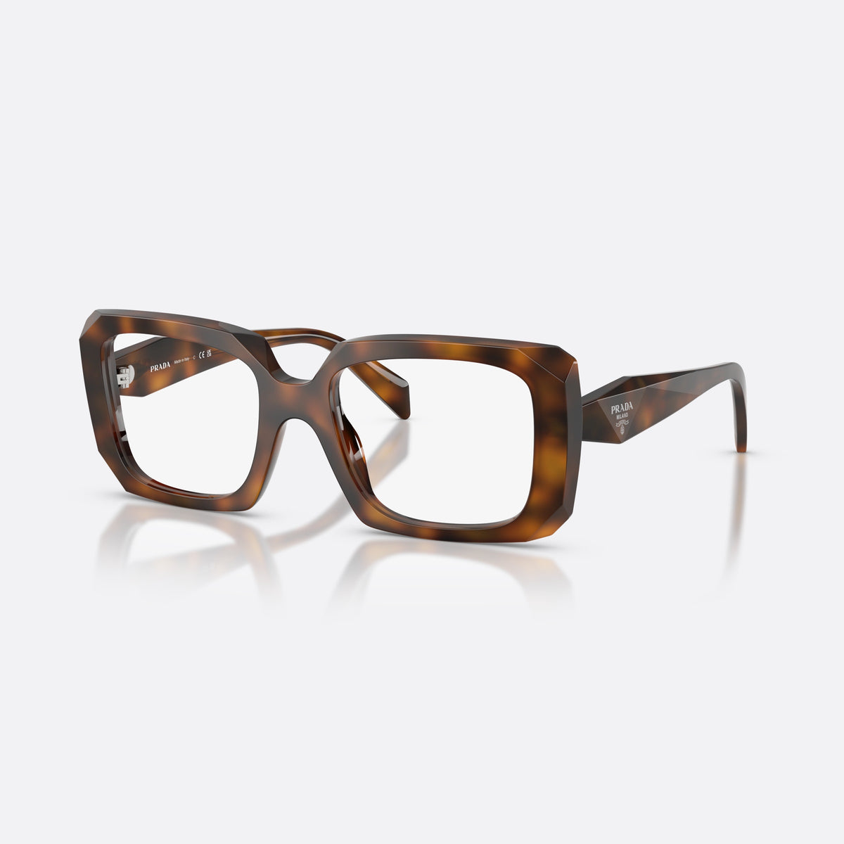 Prada PR C09V 20D1O1 eyeglasses, havana pillow frame for women, saddle bridge with thick profile, polished glossy surface