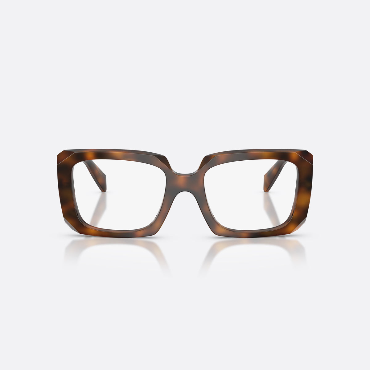 Prada PR C09V 20D1O1 eyeglasses, havana pillow frame for women, saddle bridge with thick profile, polished glossy surface, front view