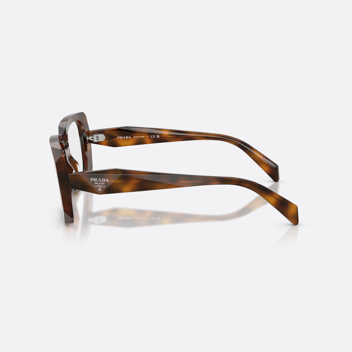 Prada PR C09V 20D1O1 eyeglasses, havana pillow frame for women, saddle bridge with thick profile, polished glossy surface, side view
