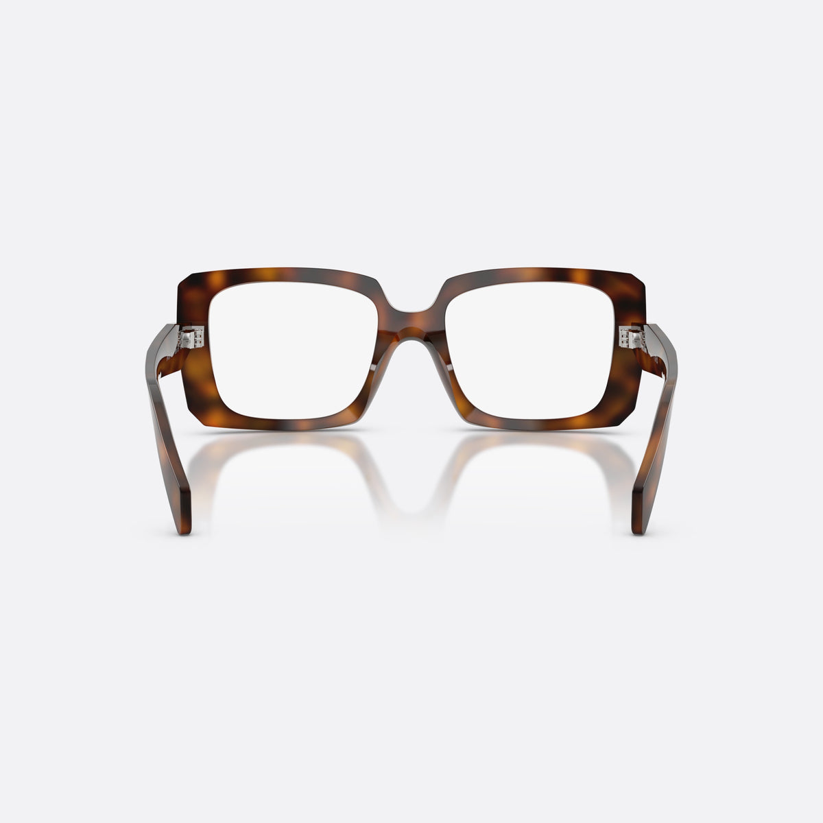 Prada PR C09V 20D1O1 eyeglasses, havana pillow frame for women, saddle bridge with thick profile, polished glossy surface, back view